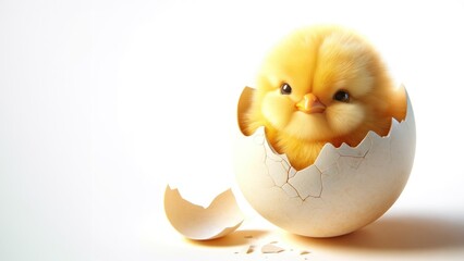 Charming moment of a chick hatching, with fluffy yellow feathers, head and legs peeking out from the cracks of its eggshell.  - obrazy, fototapety, plakaty