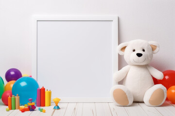 White wooden blank frame surrounded by playthings and colorful toys. Generative AI