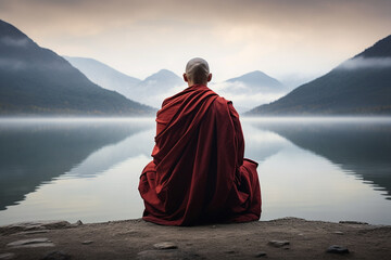 A Tibetan Buddhist monk sits meditatively on weathered stone, gazing toward misty mountains beside serene waters.