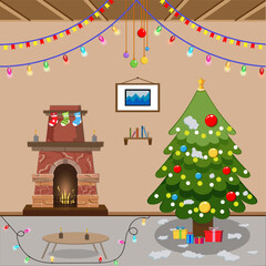 New Year's apartment with Christmas tree and fireplace, gifts, vector illustration