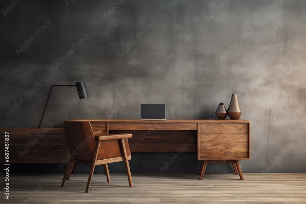 Wall mural Modern minimal working place with wooden desk. Working from home,