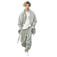 Fashion model in stylish grey outfit on transparent background