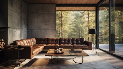 Details of, minimalist modern natural, interior with mid-century modern sitting room with large leather sofa, morning light