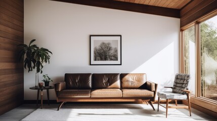 Details of, minimalist modern natural, interior with mid-century modern sitting room with large leather sofa, morning light