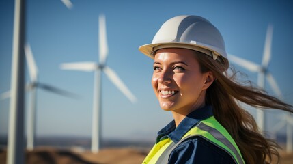 a beautiful female engineer smiling at the camera with electricity producing wind turbines in background. - obrazy, fototapety, plakaty