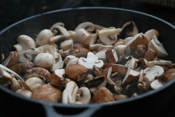 Close up view of sauteed slices of Common Mushrooms (Agaricus bisporus) cooking in the pan