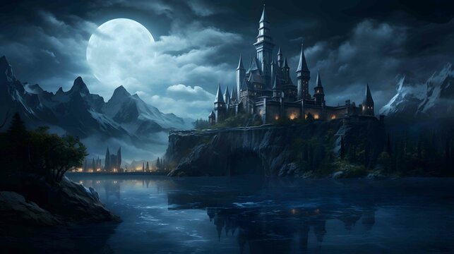 a grand medieval castle at night