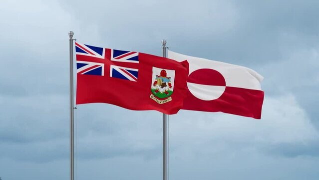 Greenland flag and Bermuda flag waving together on cloudy sky, endless seamless loop, two country relations concept