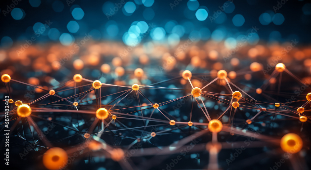 Poster abstract network connections with nodes and lines in a digital cyber technology grid with blue and o