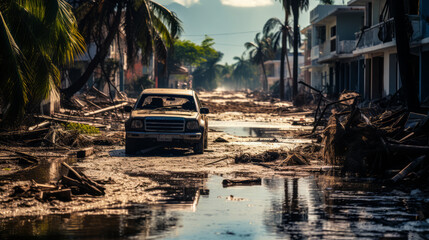Post-hurricane disaster scene with a flooded street, debris, and damaged vehicles under the scorching sun in a tropical location