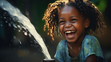portrait of a young African child smiling happily with water flowing out of a pipe, - obrazy, fototapety, plakaty