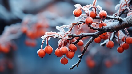frozen branch with autumn leaves autumn winter background - obrazy, fototapety, plakaty