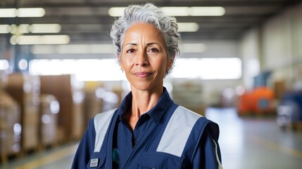 portrait of senior woman engineer with uniform at warehouse, Confident woman, female worker in industry