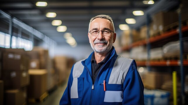 portrait of senior supervisor with uniform at warehouse, supervisor, expert