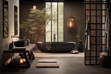 Japandi style bathroom with dark furniture. Interior design with tranquil ambiance