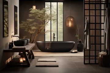 Foto op Plexiglas Japandi style bathroom with dark furniture. Interior design with tranquil ambiance © Lazylizard