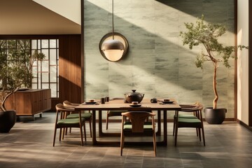 Dining area blending Japandi aesthetics with a European touch - Powered by Adobe