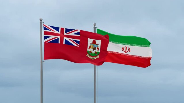 Iran flag and Bermuda flag waving together on blue sky, looped video