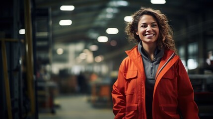 Successful Female smiling at the camera Walking in a Metal Manufacture Warehouse - obrazy, fototapety, plakaty