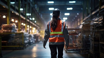 Successful Female Industrial Specialist Walking in a Metal Manufacture Warehouse - obrazy, fototapety, plakaty