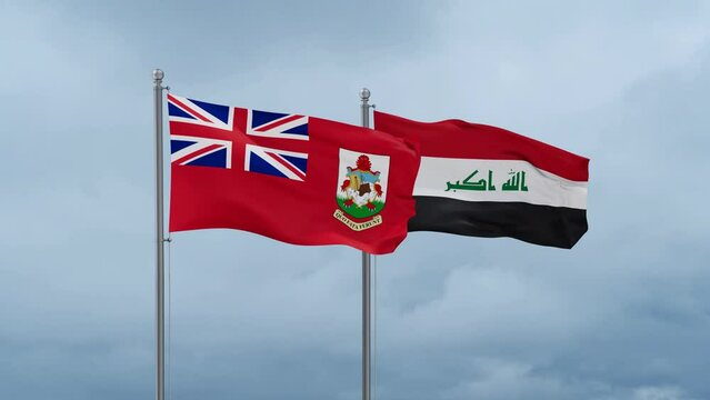 Iraq flag and Bermuda flag waving together on blue sky, looped video