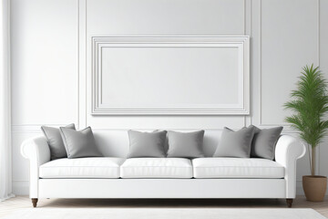 A large white blank picture frame hangs over a large white sofa, mockup, horizontal, landscape format, generative AI
