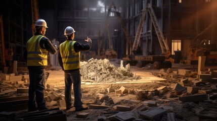 Two engineers arguing at construction site, workers and industry