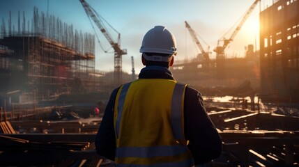 View from behind, A civil engineer stands looking at the construction site. Skilled workers at construction sites