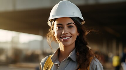 Beautiful female engineer, white skin. looking at camera On a construction site. Smiling ethinic woman  - obrazy, fototapety, plakaty