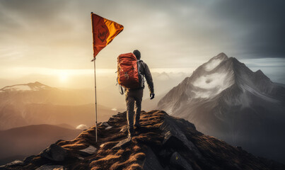 Adventurous mountaineer with an orange backpack reaching the summit with a red flag on top against a dramatic sky at sunrise - obrazy, fototapety, plakaty