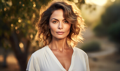 Confident mature woman with curly hair in white blouse outdoors, serene expression in soft-focus nature background during golden hour