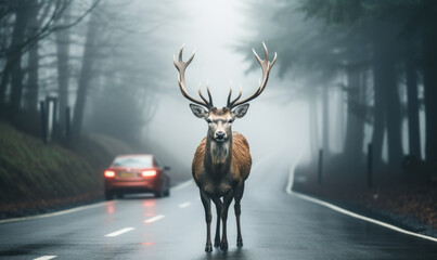Fototapeta premium Majestic stag with impressive antlers standing in the middle of a foggy road facing the camera with a car approaching in the background