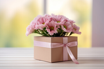 Box with pink flowers for Valentine's Day, love and friendship concept