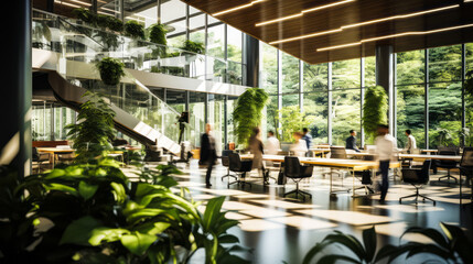 Modern eco-friendly office space with employees working and walking, surrounded by lush green plants and natural light, showcasing a dynamic and sustainable workplace environment - obrazy, fototapety, plakaty