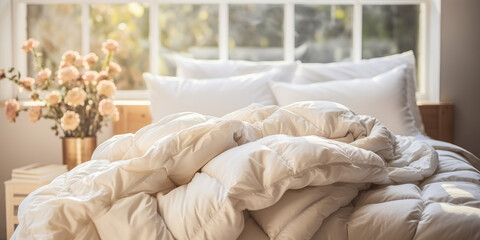 Luxuriously soft white down duvet rolled up on a bed in a bright, serene bedroom with tasteful decor and morning light streaming in - obrazy, fototapety, plakaty