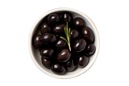 vu de dessus d'un bol rempli d'olives noires à la Grecque