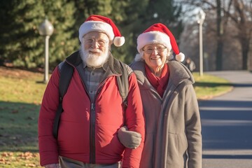 Happy elderly people with Santa Claus hats at Christmas, family and adulthood concept