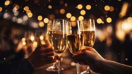 They celebrated the New Year with the background of golden lights and drinking champagne