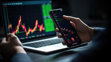 Close-up view of hands holding a smartphone with stock market data on the screen, with a laptop in the background displaying financial charts - obrazy, fototapety, plakaty
