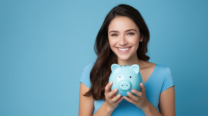 Fototapeta na wymiar Happy young woman holding a piggybank against blue background