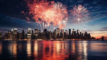 Very beautiful fireworks in the background of the city of New York
