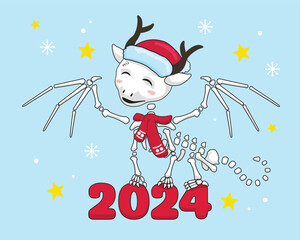 Scary New Year 2024. Cute cartoon dragon skeleton in Santa Claus hat. Christmas greeting card. Vector illustration.