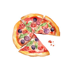Hand drawn slice of pizza. Watercolor sketch isolated on white background. Vector illustration for food design.