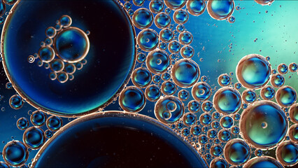 Abstract Colorful Food Oil Drops Bubbles and spheres Flowing on Water Surface - 687485070