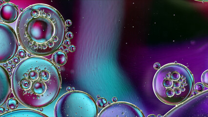 Abstract Colorful Food Oil Drops Bubbles and spheres Flowing on Water Surface - 687485072