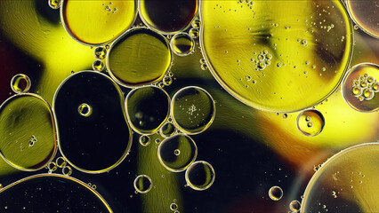 Abstract Colorful Food Oil Drops Bubbles and spheres Flowing on Water Surface - 687485094
