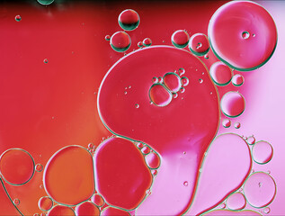 Abstract Colorful Food Oil Drops Bubbles and spheres Flowing on Water Surface - 687485413