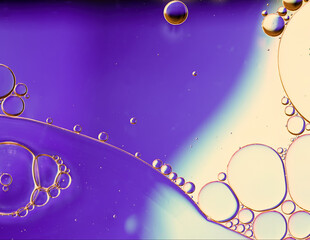 Abstract Colorful Food Oil Drops Bubbles and spheres Flowing on Water Surface - 687485482