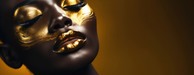 Fashion portrait of a dark-skinned african american girl with gold make-up. With copy space.