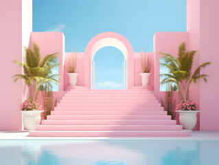 3D render of a pink open door with palm trees modren minimal architecture design